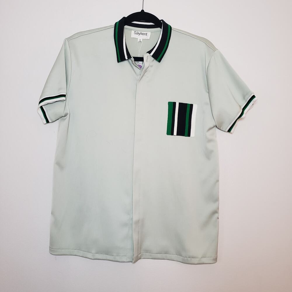 Saylient Short Sleeve Button Down Bowling Blouse Green Size Small